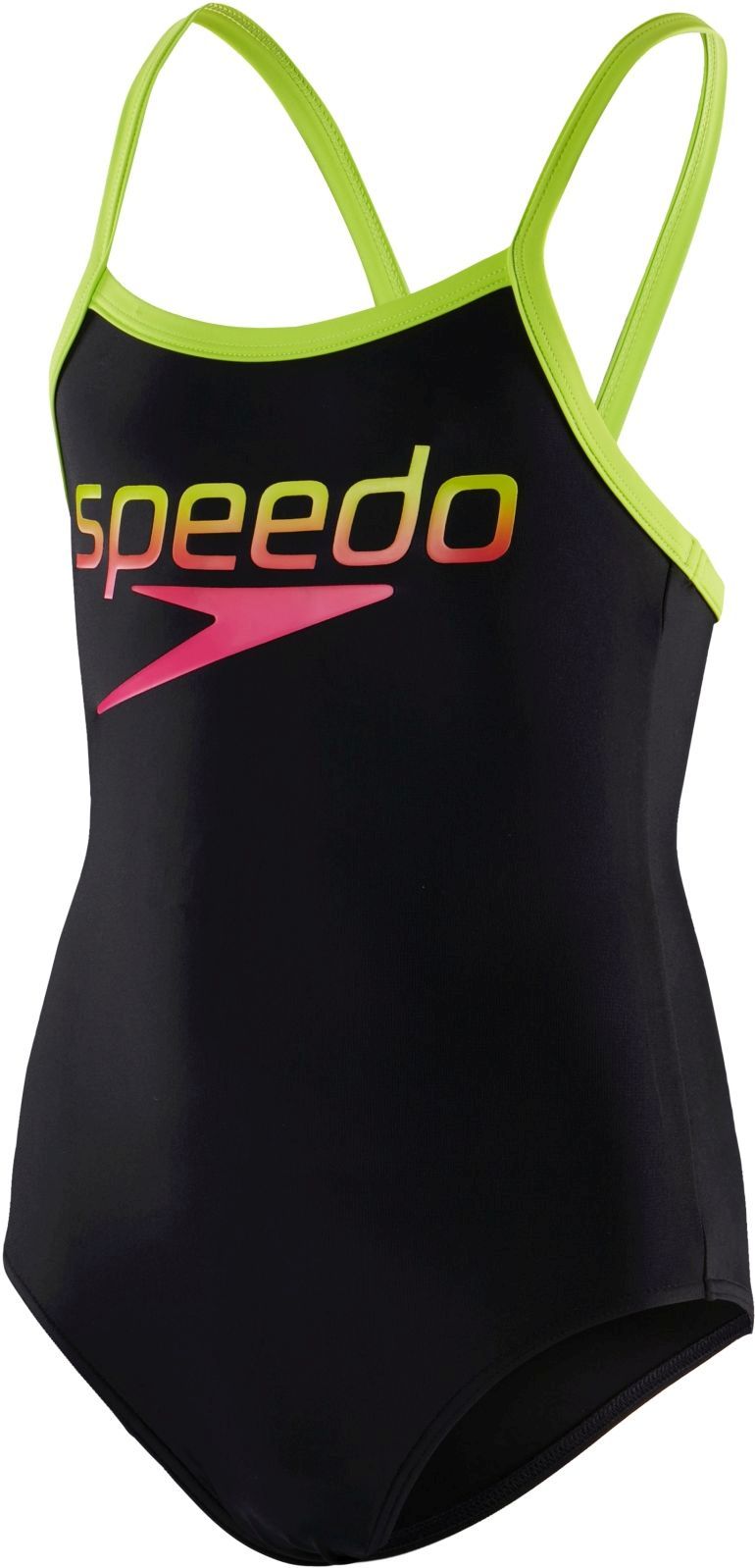 Levně Speedo Girl's Boom Logo Thinstrap Muscleback Swimsuit - Black/ Lime/ Pink 116