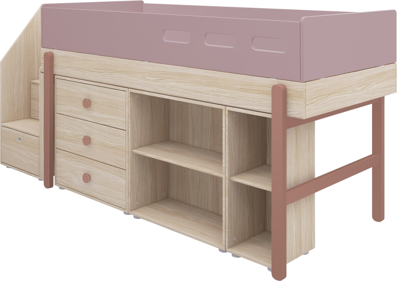 Flexa Zvýšená postel Flexa - Popsicle s schody a úložným prostorem (růžová)